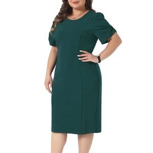 Plus Size Short Sleeve Above Knee Sheath Office Dresses Dark Green